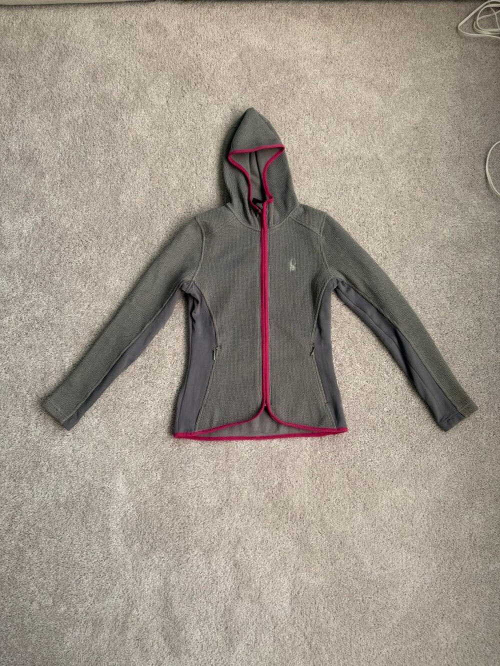 Spyder Womens Small Gray Pink Hooded Full Zip Fleece Sweater Jacket
